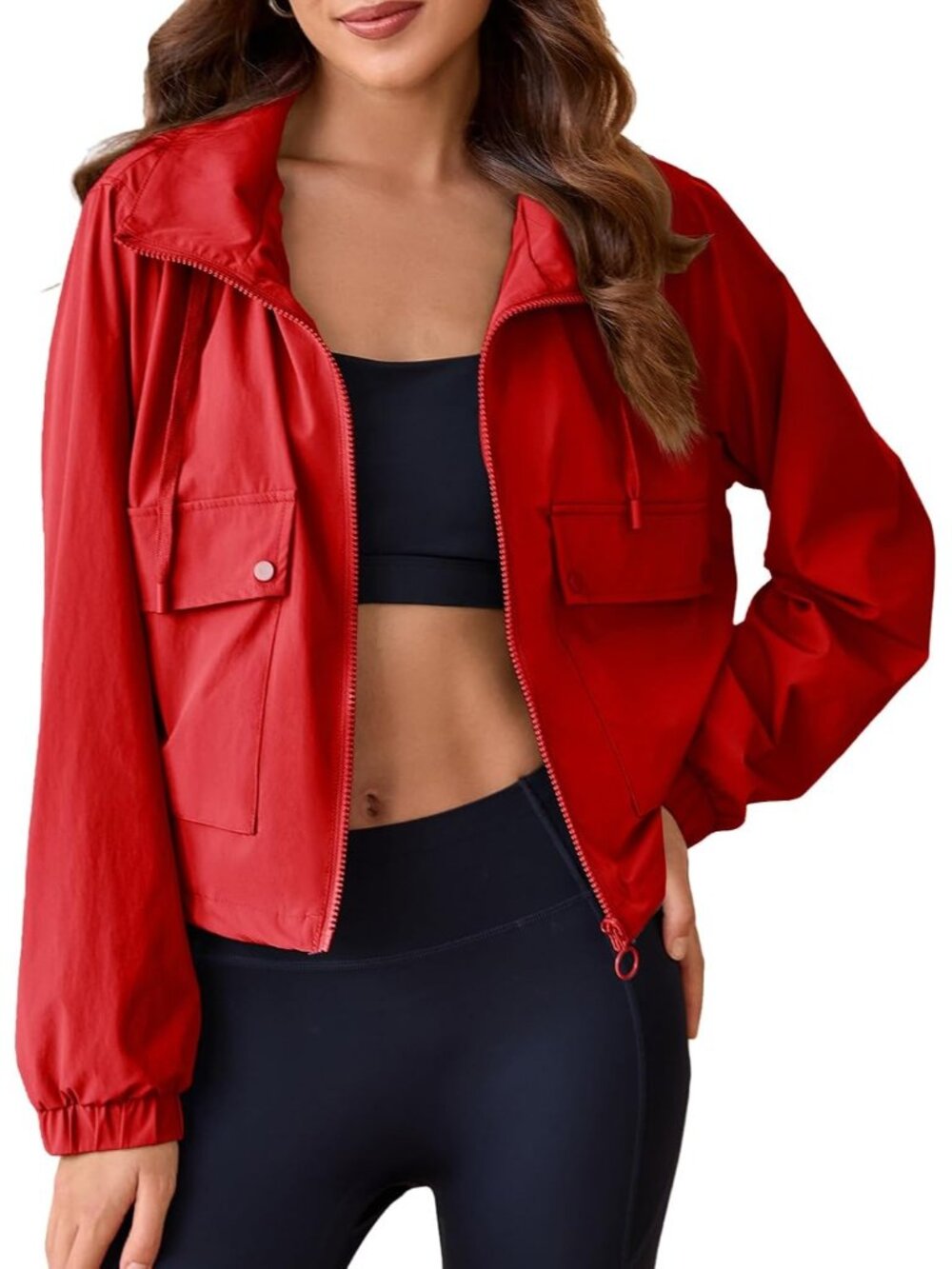 Women Red Elasticized Cuffs Long Sleeve Pocket Hooded Zipper Cropped Jackets